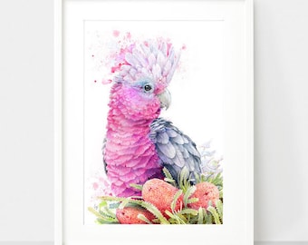 May include: A watercolor painting of a pink and gray cockatoo with a white crest, perched on a branch of green leaves and red flowers.