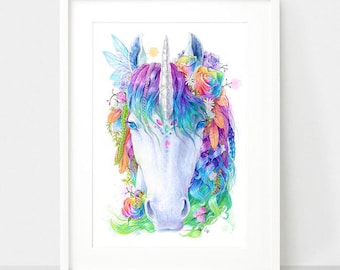 Impression d'art mural licorne arc-en-ciel - oeuvres d'art dessinées à la main - décorations de chambre de filles - cadeaux licorne