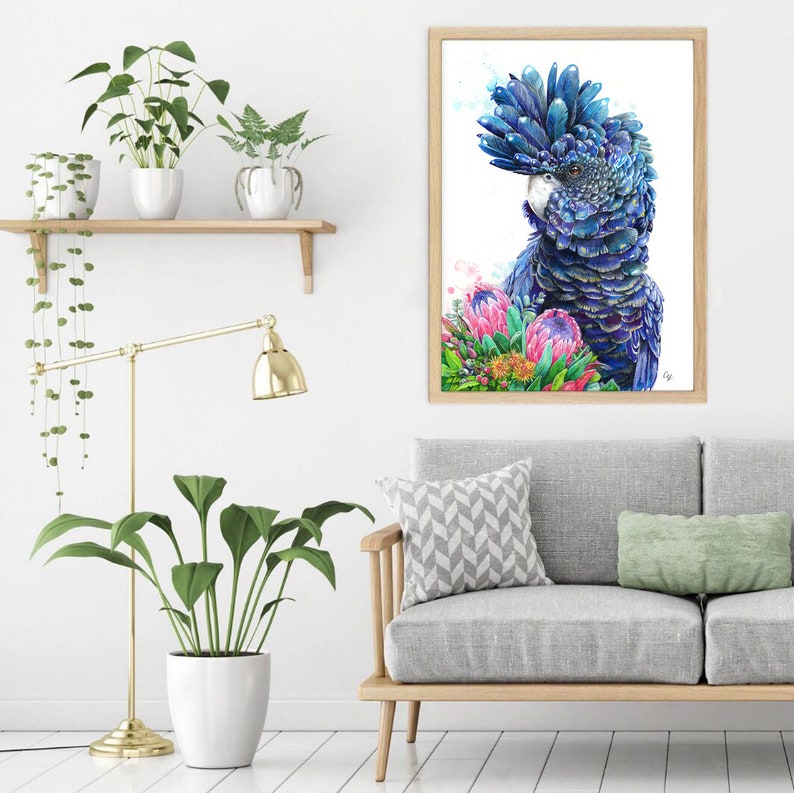 Puede incluir: Una pintura de acuarela de un cacat&uacute;a azul y negro con una flor de protea rosa y verde. La pintura est&aacute; enmarcada y colgada en una pared blanca en un ambiente de sala de estar.