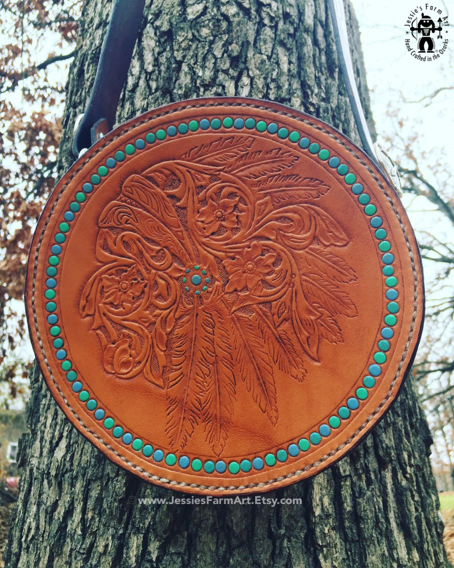 Crossbody Rope Can Purse. Hand Carved and Tooled Leather. Floral Indian