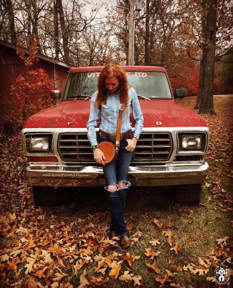 Crossbody Rope Can Purse. Hand Carved and Tooled Leather. Floral Indian