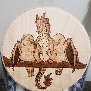 Dragon Cuddling Birds - Woodburning - Free Shipping CA and US