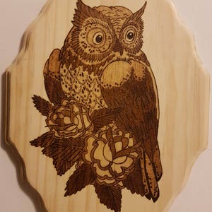 Owl and Roses - Woodburning - Free Shipping CA and US