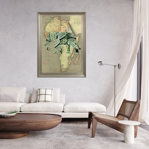 Papier mat de qualité musée, affiche représentant un éléphant, carte de l'afrique et impression de feuilles tropicales | Photos de l'intérieur de la maison Décoration safari dans la jungle