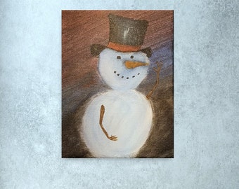 Orginal art painting of snowman with hat. Colorful night sky with inspiration of Christmas and winter.