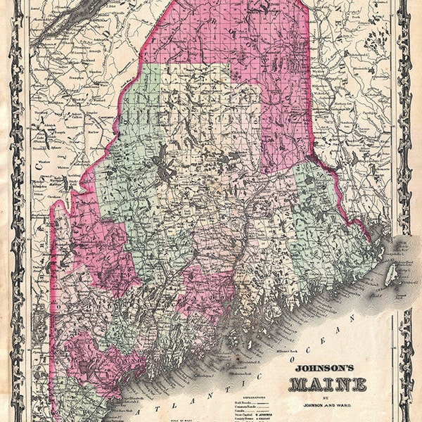 Maine map (1862), scanned version of an old original map of the Maine state, vintage download in high resolution - item no 145