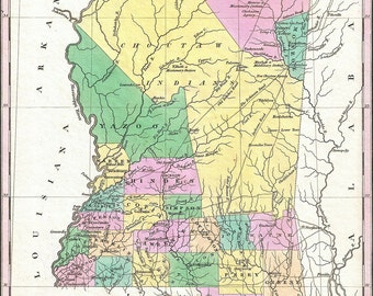 Mapa de Mississippi (1827), versión escaneada del antiguo mapa original del estado de Mississippi, descarga antigua en alta resolución