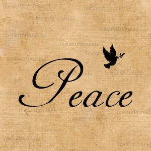 May include: A digital print featuring the word "Peace" in elegant black script. A silhouette of a dove carrying an olive branch is above the word. The background has a textured, aged paper appearance.