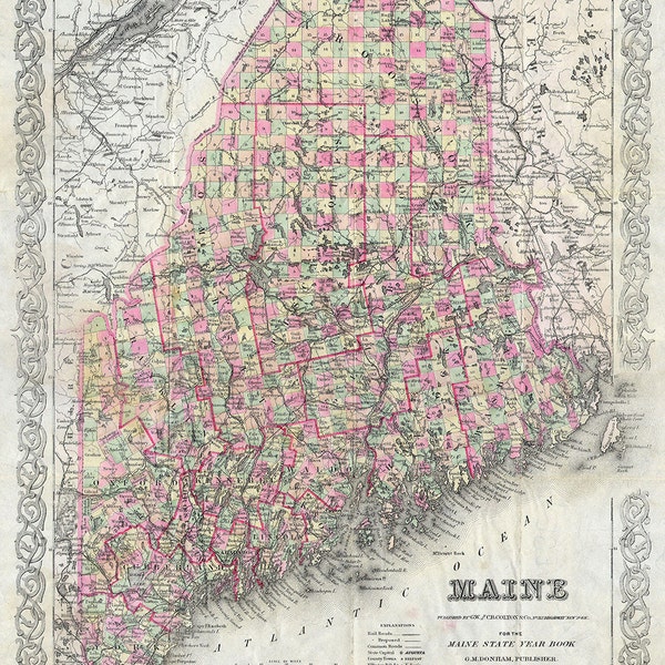Maine map (1894), scanned version of old original map of the Maine state, vintage download in high resolution