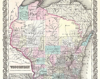 Wisconsin Karte (1855), gescannte Version des alten original Karte des Staates Wisconsin, Jahrgang-Download in hoher Auflösung - item keine 172
