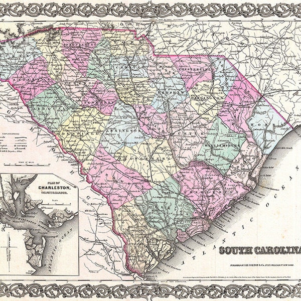 South Carolina map (1855), scanned version of old original map of the South Carolina state, vintage download in high resolution -item no 165