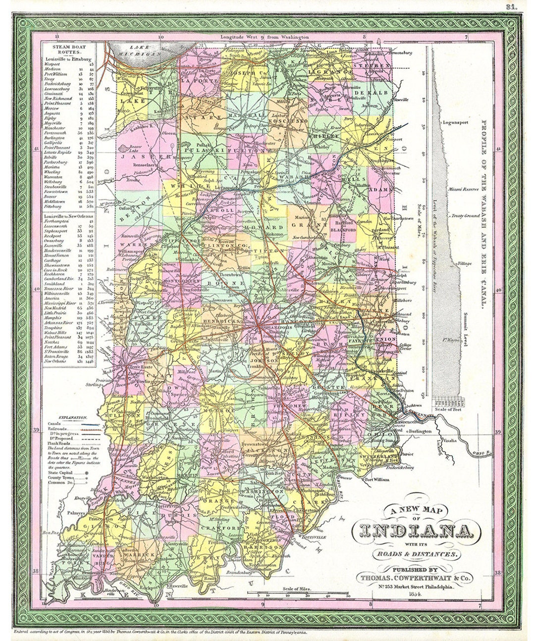 Indiana Map (1850), Scanned Version of Old Original Map of the Indiana ...