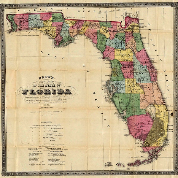 Florida map (1870), scanned version of an old original map of the Florida state, vintage download in high resolution - item no 135