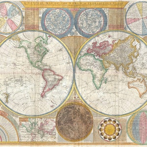 May include: A General Map of the World and Terraqueous Globe, a vintage map with detailed illustrations of continents and oceans. The map features circular insets of celestial charts and other geographical diagrams. The map is printed on aged paper with a yellowed hue.