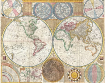 Alten Welt Karte (XVIII Jahrhundert) Download, Scan einer alten original-Karte von der Welt, sofortige Download hochauflösende JPG-Datei