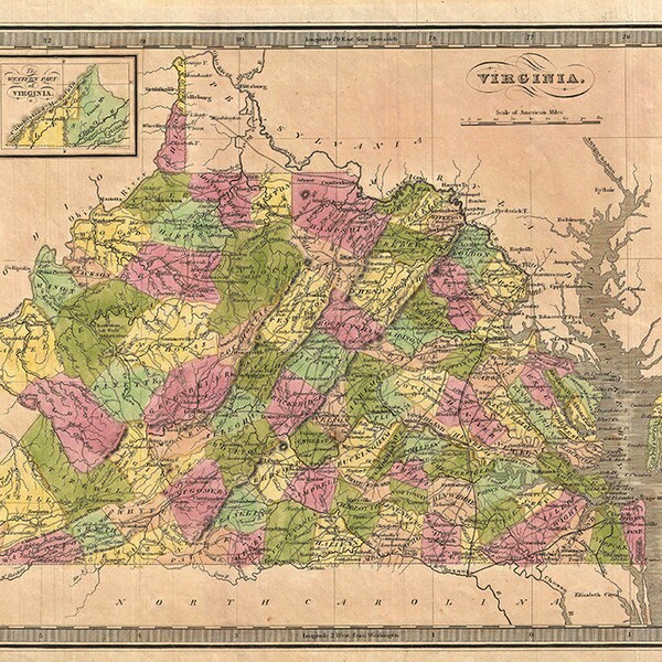 Virginia map (1848), scanned version of old original map of the Virginia state, vintage download in high resolution - item no 169