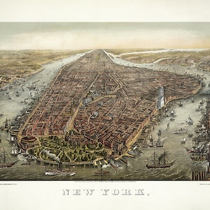 Op de afbeelding: Een gedetailleerd, vintage luchtfoto van New York City, met een rasterindeling van gebouwen, waterwegen met schepen en bruggen. De titel "NEW YORK" staat onderaan de afbeelding.