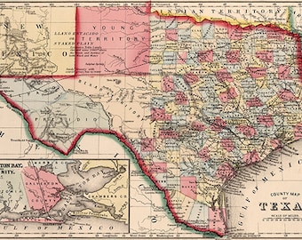 Texas map (19th century), scanned version of an old original map of the Texas state, instant download in high resolution jpg -- item no 125