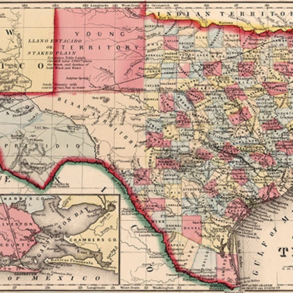 Texas map (19th century), scanned version of an old original map of the Texas state, instant download in high resolution jpg -- item no 125