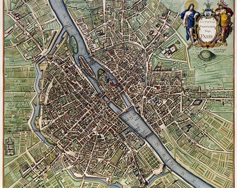 Paris map (17th century), scanned version of an old original colored map of Paris, instant download in high resolution jpg -- item no 49