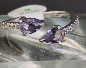 Double stone tanzanite rhodium plated ring size 8
