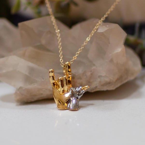 ASL I Love You Necklace: Sign Language Gift, gold and silver plated charm, baby hand, unique and personal, Mother's Day