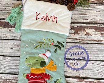 dinosaur stocking, dino christmas stocking, green christmas stocking, baby's first christmas, personalized Christmas stocking, kids stocking