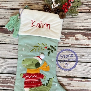 dinosaur stocking, dino christmas stocking, green christmas stocking, baby's first christmas, personalized Christmas stocking, kids stocking