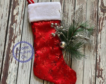 red sequin christmas stocking, embroidered stocking, red sequin stocking, monogrammed stocking, classic Christmas stocking