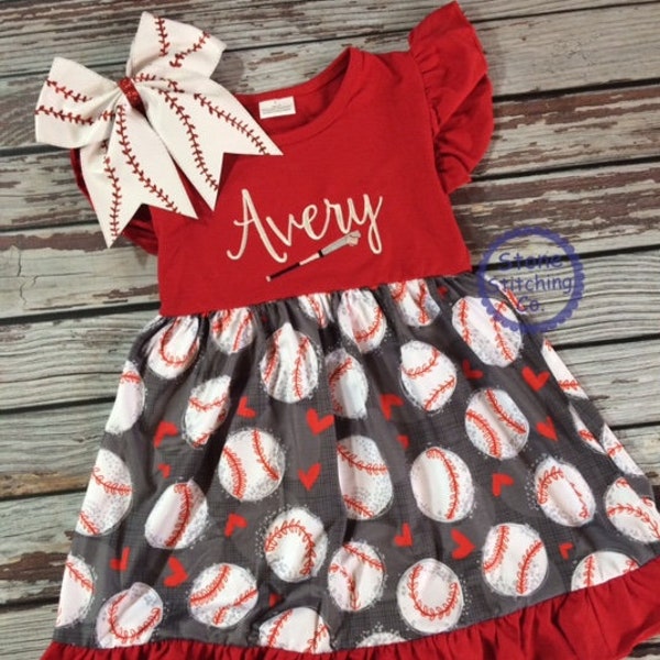 personalized baseball dress, baseball sister, softball sister, cute baseball outfit, sister baseball dress, red & white baseball dress