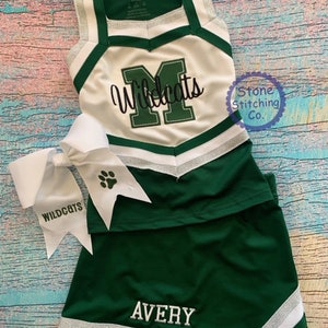 green & white cheer uniform, customized cheerleading uniform, girls cheer uniform, green and silver cheer uniform, hunter green cheer
