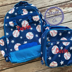 baseball backpack, monogrammed backpack, personalized backpack, matching lunchbox, boy&#39;s backpack, kindergarten backpack, baseball lunchbox