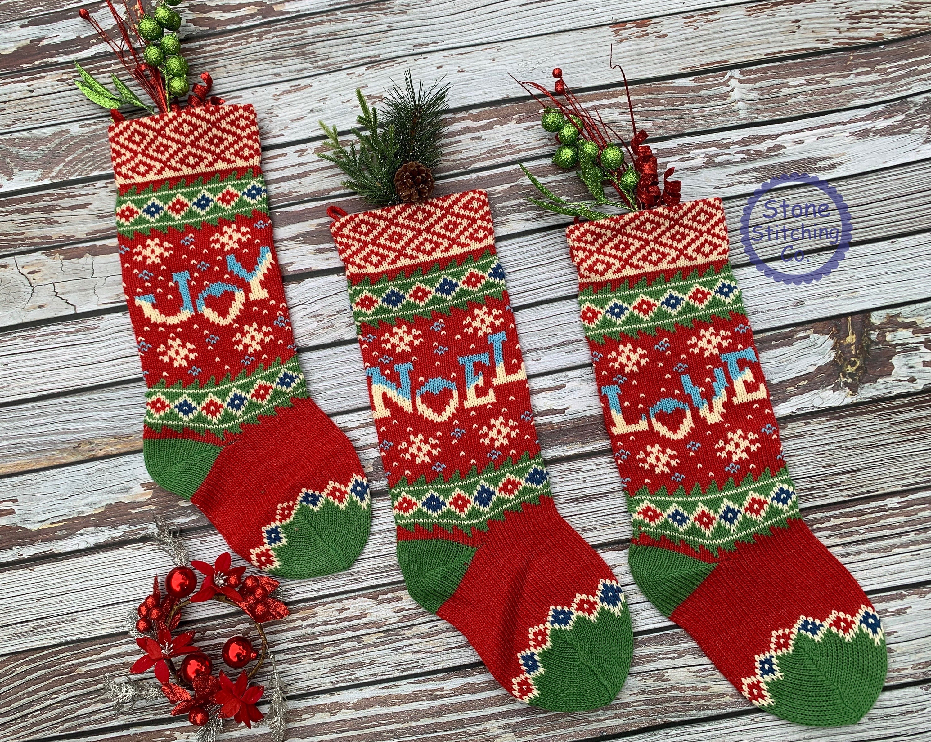 Knitted Christmas Stockings Red Ivory Green Cable Knit Family With Pets Cat  Mouse Dog Bone JOY LOVE NOEL Personalize Embroider Family Xmas 