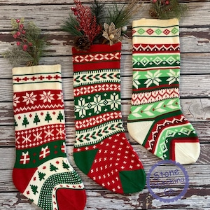 knit stocking set, embroidered stocking, green cable knit stocking, multi color knit stocking, knit snowflake stocking, family stocking set