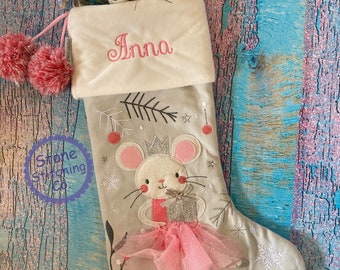 Personalized stocking, embroidered stocking, first Christmas stocking, Baby's First Christmas, mouse stocking, girl stocking, pink stocking
