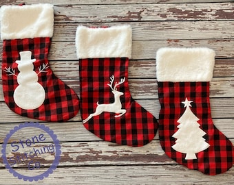 Personalized stocking, plaid Christmas stockings, snowman stockings, reindeer stocking, family stocking set, monogrammed stocking set