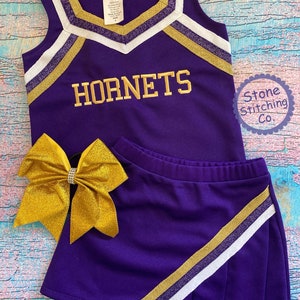 purple & gold cheer uniform, customized cheerleading uniform, girls cheer uniform, purple cheer uniform, toddler cheer uniform