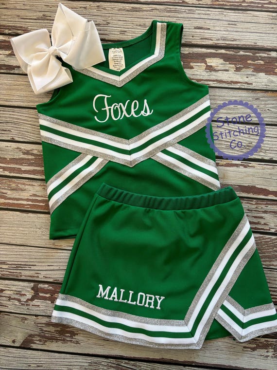 green cheerleader dress kelly cheer uniform, customized cheerleading uniform, girls cheer uniform, green and White cheer uniform, toddler cheer uniform green and gold cheerleader outfit