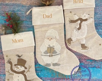 snowman christmas stocking, little girl christmas stocking, santa christmas stocking, bear christmas stocking, kids stocking