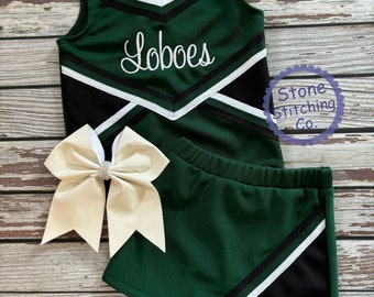 Green & black cheer uniform, customized cheerleading uniform, girls cheer uniform, panthers cheer uniform, toddler cheerleading uniform