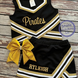 gold & black cheer uniform, customized cheerleading uniform, girls cheer uniform, panthers cheer uniform, toddler cheerleading uniform
