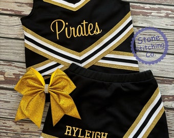 gold & black cheer uniform, customized cheerleading uniform, girls cheer uniform, panthers cheer uniform, toddler cheerleading uniform