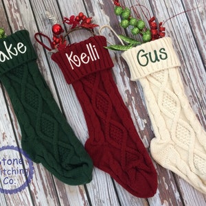 Personalized stocking, embroidered stocking, red cable knit stocking, green cable knit stocking, white cable knit stocking