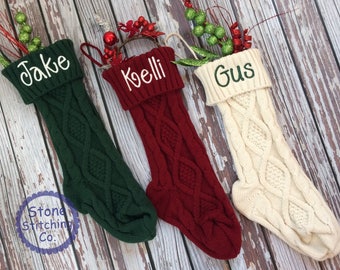 Personalized stocking, embroidered stocking, red cable knit stocking, green cable knit stocking, white cable knit stocking