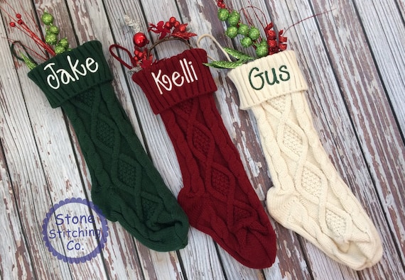Personalized stocking, embroidered stocking, red cable knit stocking, green cable knit stocking, white cable knit stocking