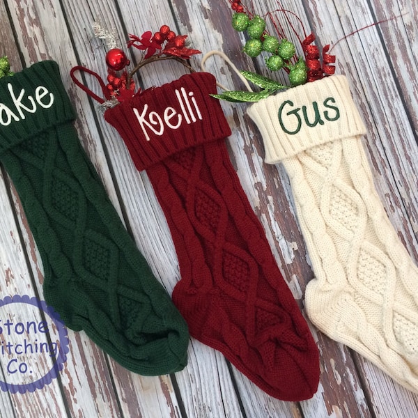 Personalized stocking, embroidered stocking, red cable knit stocking, green cable knit stocking, white cable knit stocking