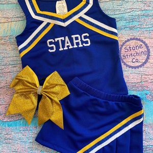 Blue & gold cheer uniform, blue and yellow cheerleading uniform, girls cheer uniform, royal and yellow cheer uniform, toddler cheer uniform