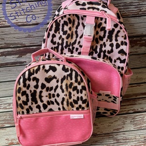 personalized backpack and lunchbox set, monogrammed backpack, cute girl backpack, leopard backpack, pink backpack, leopard lunchbox