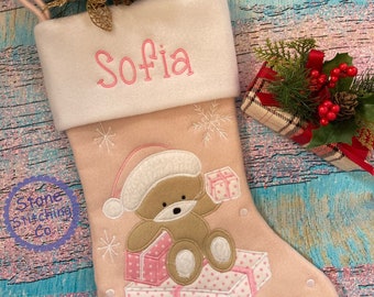 baby girl's first christmas stocking, pink teddy bear stocking, first Christmas stocking, Baby's First Christmas, girl Christmas stocking