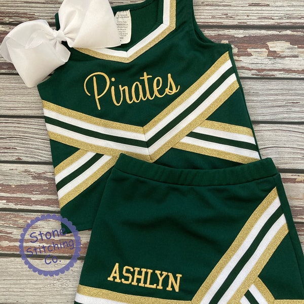 green & gold cheer uniform, customized cheerleading uniform, girls cheer uniform, green and white cheer uniform, toddler cheer uniform